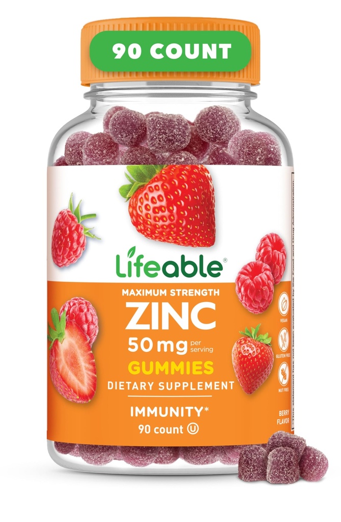 Lebensfähige Zink-Gummien | 50mg | Große Verkostung Natürliche Geschmack Zink Vitamine | Glutenfrei, Vegetarisch, GMO-frei Zink Chewable | für Immununterstützung | 90 Gummie