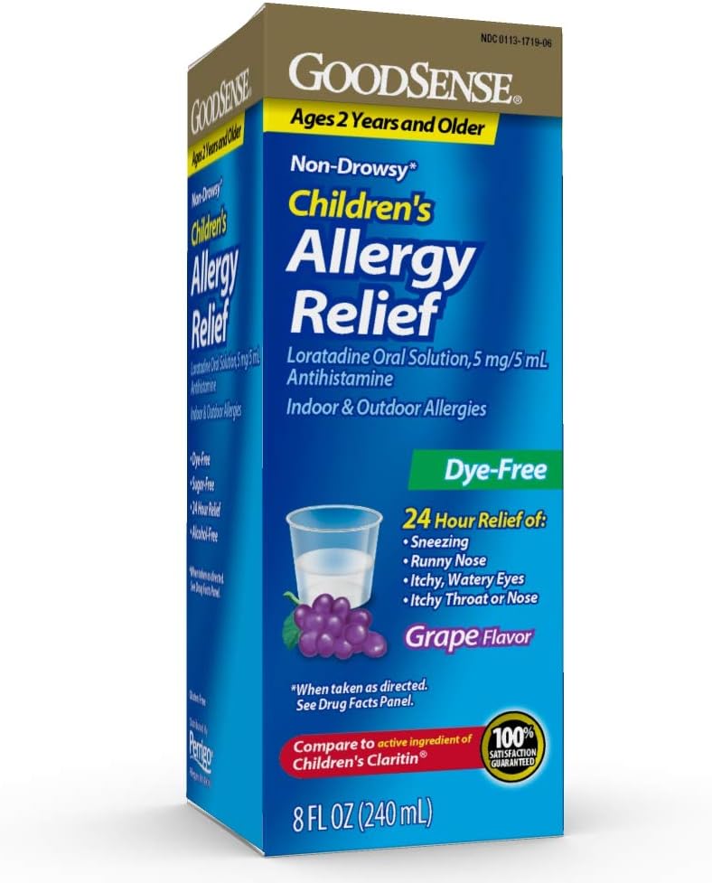 GoodSense Kinder Allergy Medicine, 24 Stunden Loratadine Mundlösung 5 mg/5 mL, Dye-Free, Non-Drowsy Antihistamin, Trauben Geschmack, Alter 2 und älter, 8 Unze