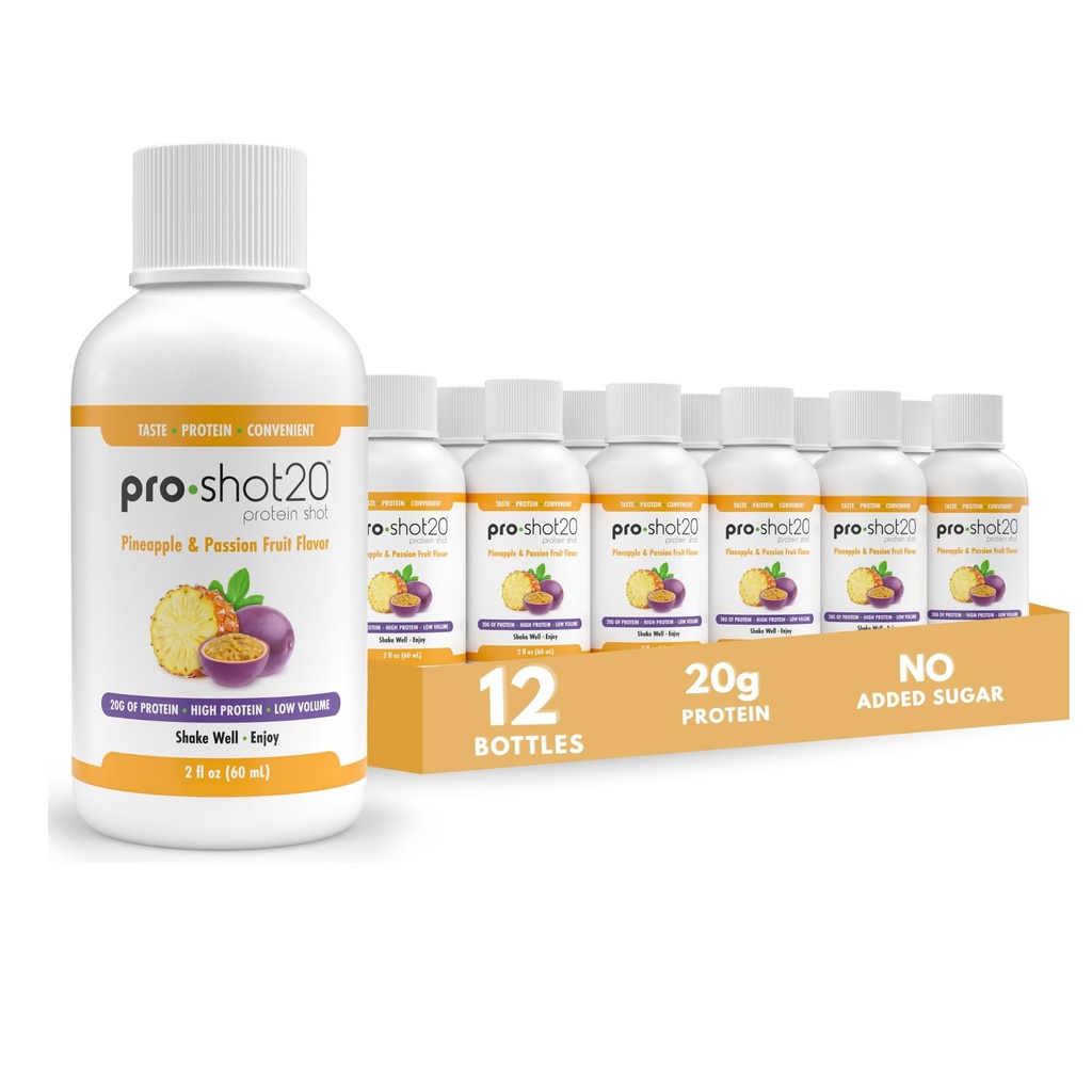 Pro-Shot20 Protein Shot Ananas & Passion Fruit Flavor, 60 mL, 12-Pack- 20g Whey Protein & Hydrolysed Collagen Drink- Niedrige Kalorien, Niedrig Carb, Glutenfrei, Keine Aspartame, Trinken