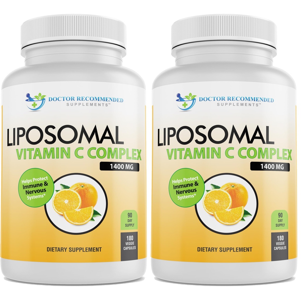 Vitamine liposomique C 1400mg par portion - Acide ascorbique à haute absorption, supplément de soutien complexe à la vitamine C lypo-sphérique avec/puissant antioxydants et rappel de collagène, (180 Véggie Caps 2 Pack)