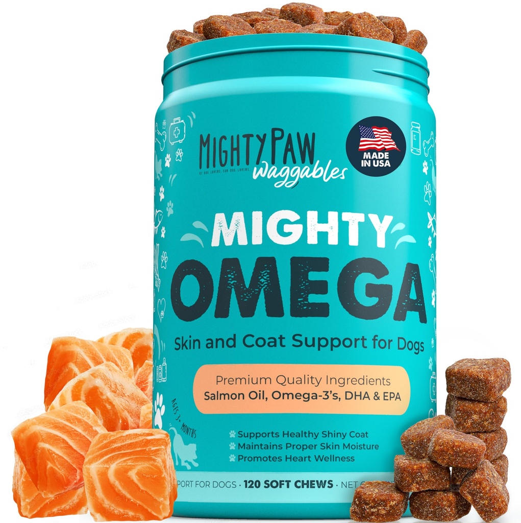 Mighty Paw Waggables Mighty Omega (Made in den USA, 120 Count) | Omega 3 Fish Oil Chew für Hunde. Salmon Flavor Haut und Mantel Ergänzung. Soft Chew Fischöl für Hunde - DHA & EPA, Bacon Flavor
