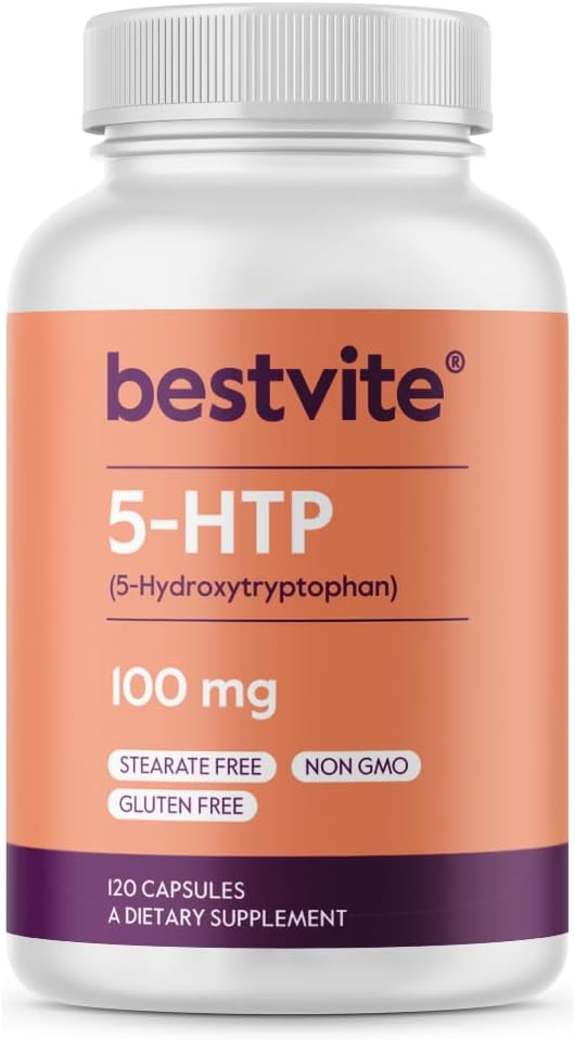 BESTVITE 5-HTP 100mg (120 Capsules) - No Stearates - No Flow Agents - Non GMO - Gluten Free