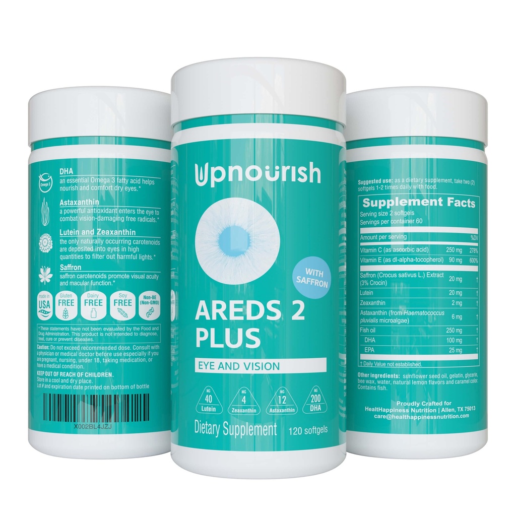 UpNourish AREDS 2 Plus Eye Vitamin Supplement, AREDS 2 Zink freie Formel mit Lutein, Zeaxanthin, Saffron, Astaxanthin & DHA - 120 softgels