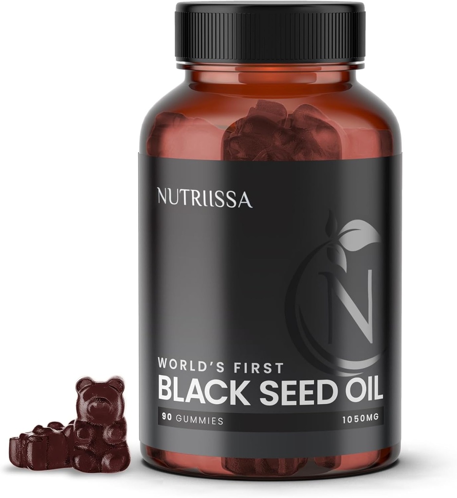 Nutriissa Black Seed Oil + Elder Berry Gummis – Kaltgepresster schwarzer Cumin Seed Nigella Sativa Öl – EPEB zertifiziert für Reinheit & Potenz – 90 Blueberry Flavored Vegan Gummis