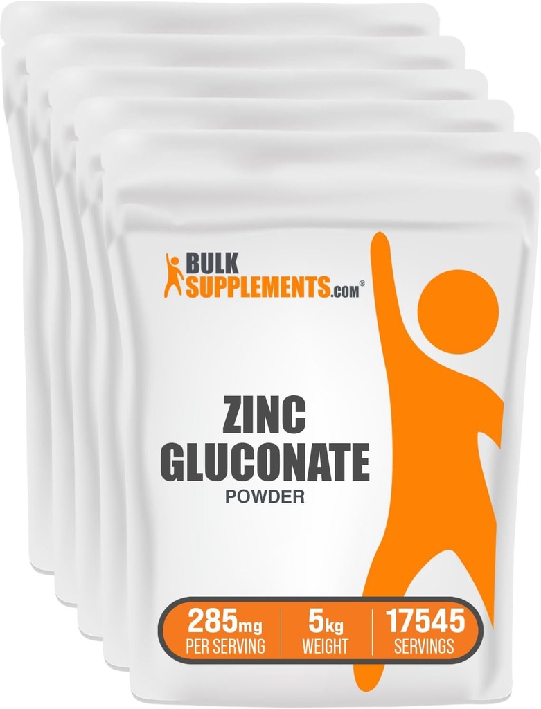 BulkSupplements.com Zink Gluconate Powder - Zink 40mg, Zinkpulver - Zinkergänzung für Immununterstützung - Glutenfrei, 285mg pro Servierung, 5kg (11 lbs) (Pack mit 5)