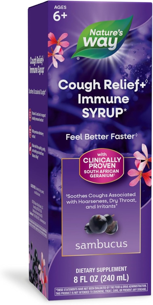 Nature Way Sambucus Cough Relief +(1) Immune Sirop*, Se sentir plus rapide(1), Géranium d'Afrique du Sud prouvé cliniquement, avec extrait de mûrier, vitamine C et zinc, 8 Oz (paquetage mai Vary)