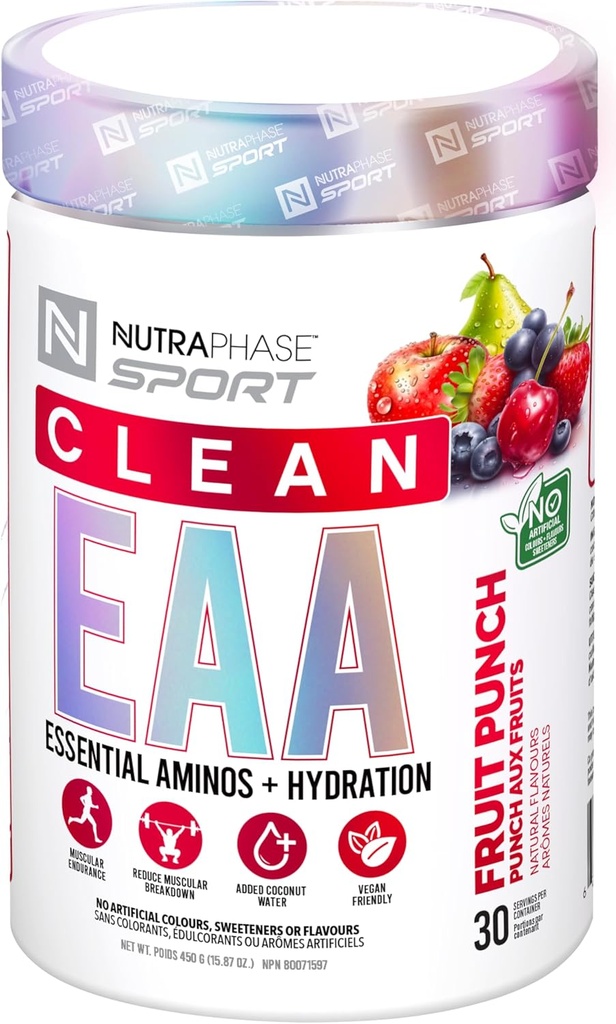 NutraPhase propre EAA, tout naturel, végétalien, sans gluten, goût incroyable, punch de fruits