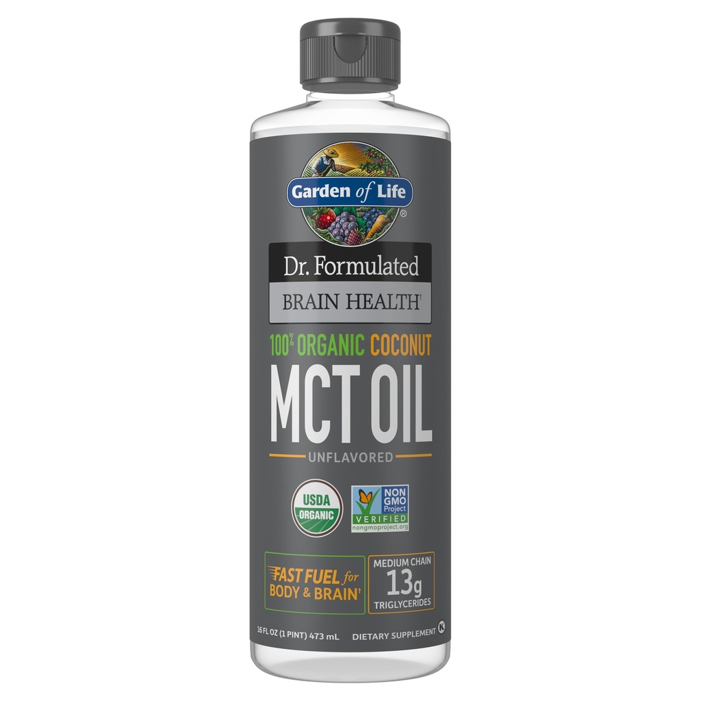 Jardin de la vie Dr Formulé Cerveau Santé 100 % Bio Huile de noix de coco MCT 16 fl oz Non aromatisé, 13g MCT, Corps et Brain Carburant, certifié Non-OGM Vegan & Gluten Free, Hexane-Free