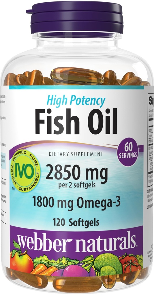 Webber Naturals Fischöl 2850 mg, hohe Potenz, 1.800 mg Omega-3 pro Servierung, 120 klare Enteric Softgels, kein Fishy Nachgeschmack, Ultra-Purified, Unterstützt Herz, kognitive und gemeinsame Gesundheit