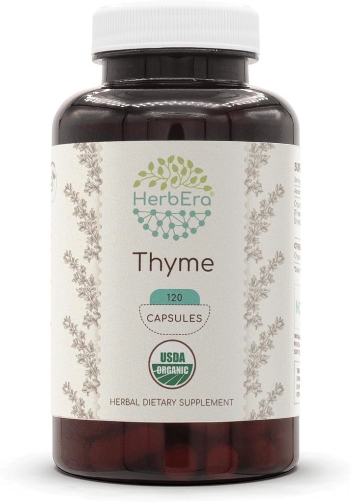 HerbEra Thyme USDA Organic 120 Capsules | Natural Herbal Supplement | Certified Organic Vegetarian Capsules and Organic Thyme (Thymus Vulgaris) Dried Leaf (120 Capsules)