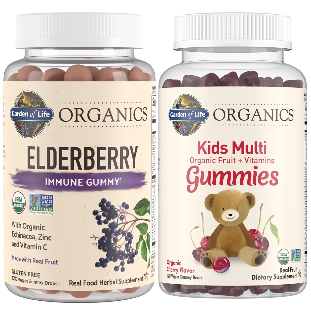 Garten des Lebens Organics Kinder Immun Bundle – Elderberry Immune Support Gummi (120 Count) + Certified Organic Kids Multivitamin Gummies, Non-GMO, Gluten Free, Kirsche (120 Count)