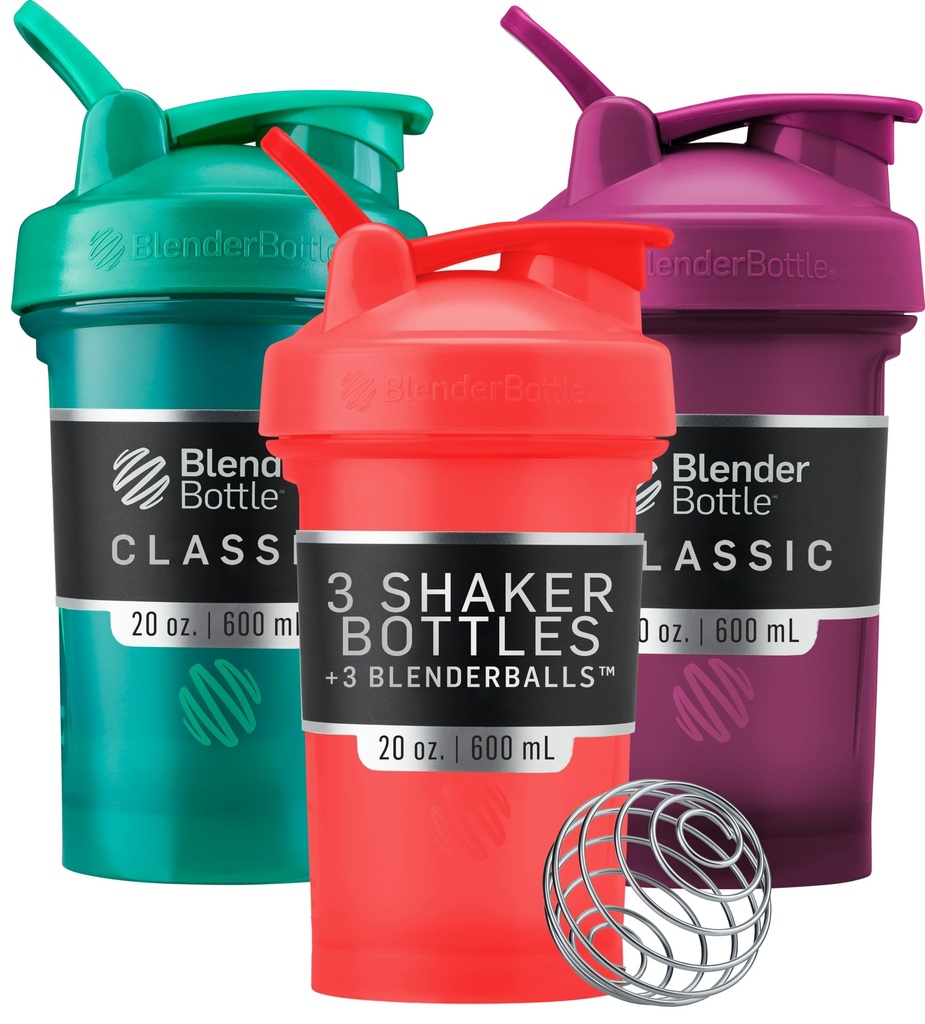 Bouteilles de mélange Classic V2 Bouteille de shaker parfaite pour les shakes protéiques et préentraînement, 20-Ounce (3 Pack), Rouge, Vert, Plum