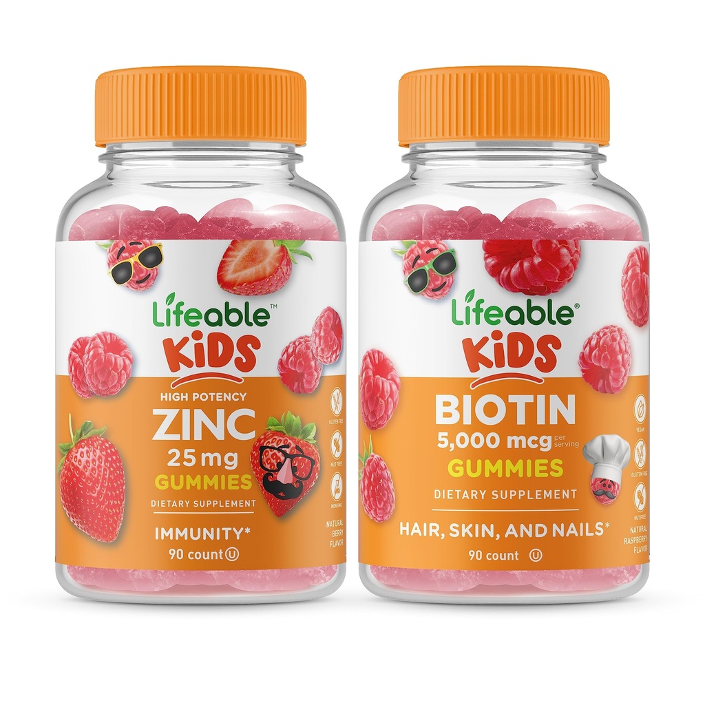 Lebendige Zink 25mg Kinder + Biotin Kinder, Gummie Bundle - Große Verkostung, Vitamin-Ergänzung, Glutenfrei, GMO frei, Kaugummi