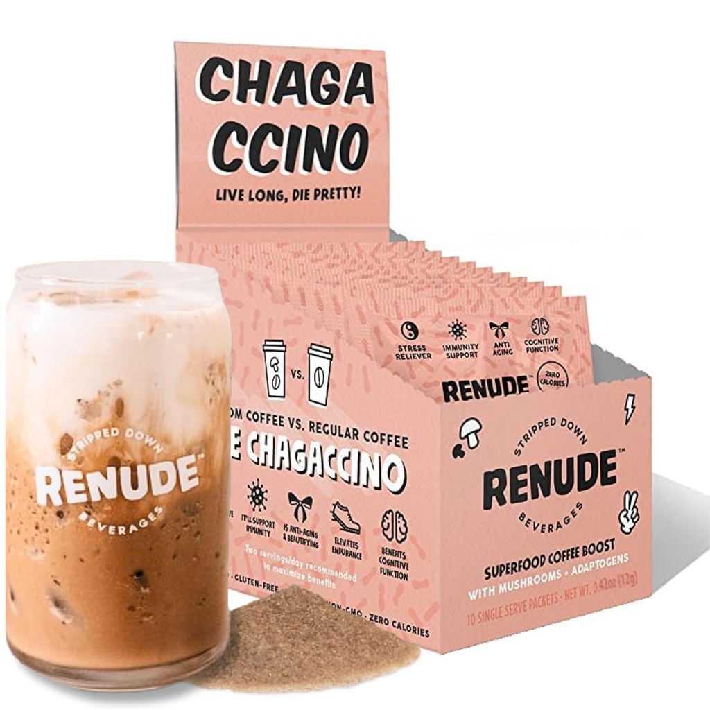 Renude Chagaccino - Chaga Pilz-Pulver, Pilz-Kaffee-Mischung mit Adaptogenen, natürliche Energie und Immununterstützung, Vegan, Keto, Zero Calorie Pilz-Mischpulver - 10 Portionen
