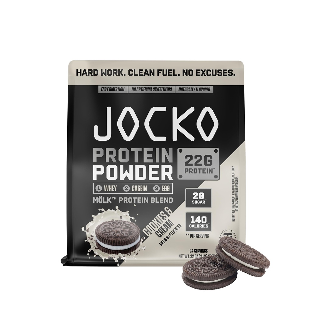 Jocko Fuel Mölk Whey Protein Powder - Keto, Probiotics, Verdauungsenzyme, Aminosäuren, Low Sugar Monk Fruit Blend - Unterstützt Muskelrückgewinnung und Wachstum (24 Servierungen, Cookies & Cream)