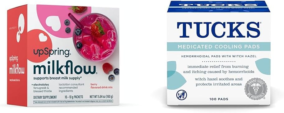 UpSpring Milchstrom Elektrolyt Brüstzusatz Getränkemischung mit Fenugreek | Berry Flavor | 16 Getränkemischungen + TUCKS Medizinische Kühlpads, 100 Zähler