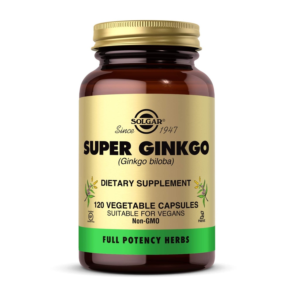 Solgar Super Ginkgo, 120 capsules végétales - pleine puissance (FP) - Antioxydant et système nerveux - Santé du cerveau - Non-OGM, végétalien, sans gluten, sans produits laitiers, sans casher - 120 portions