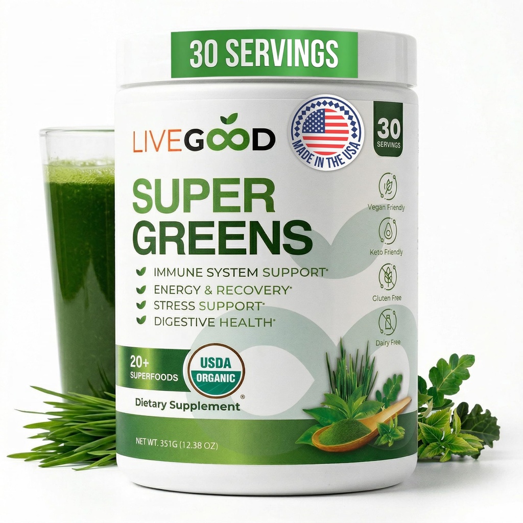 LiveGood Super Greens Powder Bio Superfood mit Weizen Graspulver, Tägliche Superfood-Pulver für Immununterstützung, Energie und Detox, Green Juice Powder Supplement (30 Portionen), 12.38 Oz