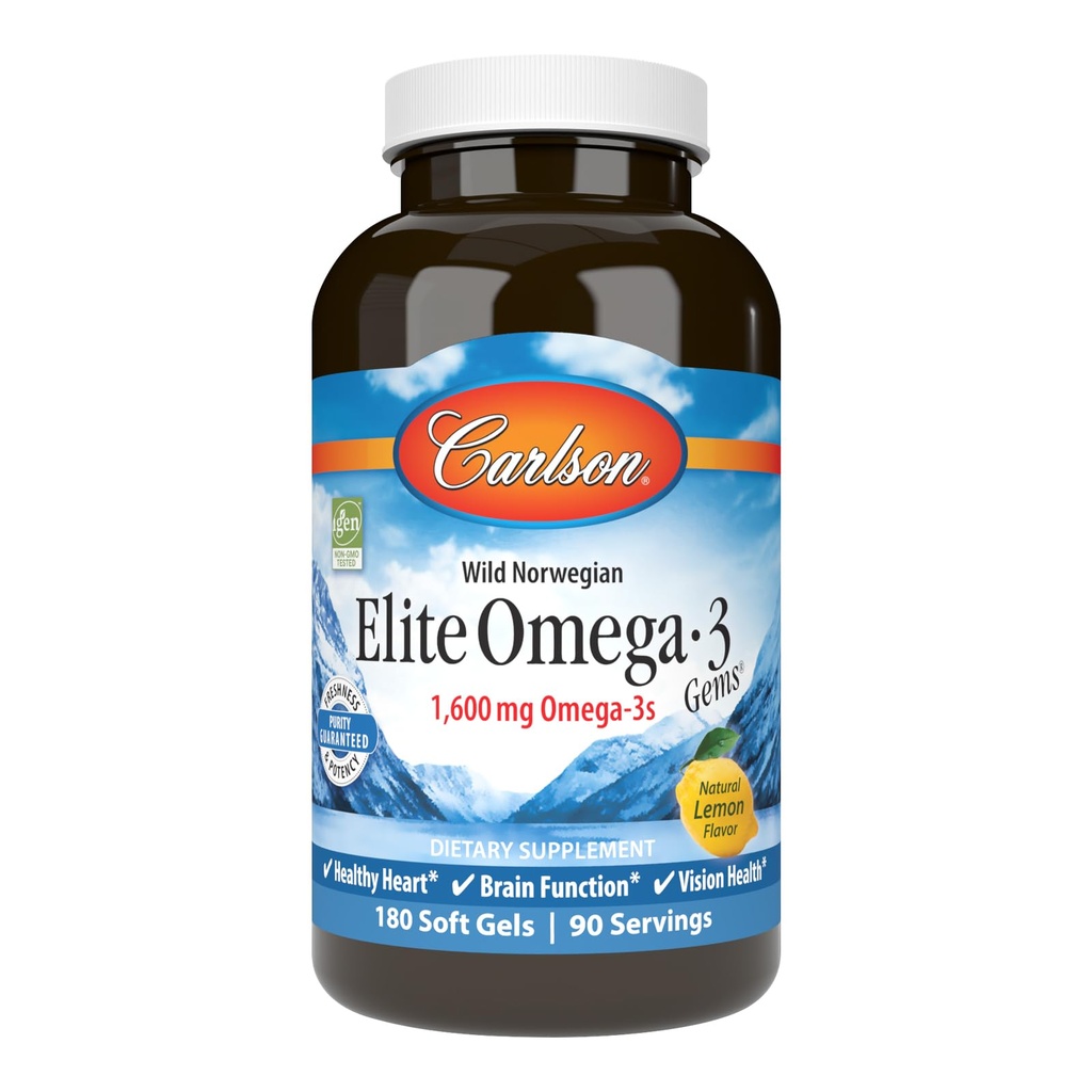 Carlson - Elite Omega-3 Gems, 1600 mg Omega-3 Einschließlich EPA und DHA, Norwegian, Wild-Caught Fish Oil Supplement, Sustainable Sourced, Lemon, 180 Softgels