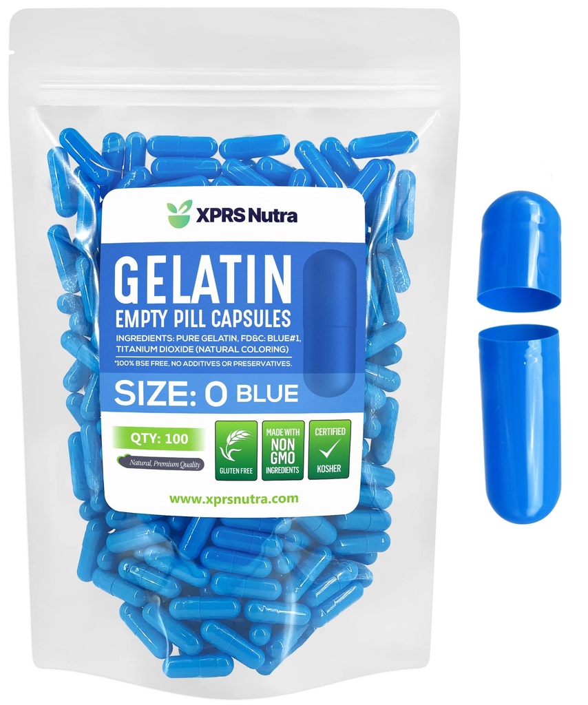 XPRS Nutra Größe 0 Leere Kapseln - 100 Count Leere Gelatine Kapseln - Pillen DIY Kapsel Füllung - Pure Bovine Pille Gel Kapseln für Do-It-Yourself Ergänzungen (blau)