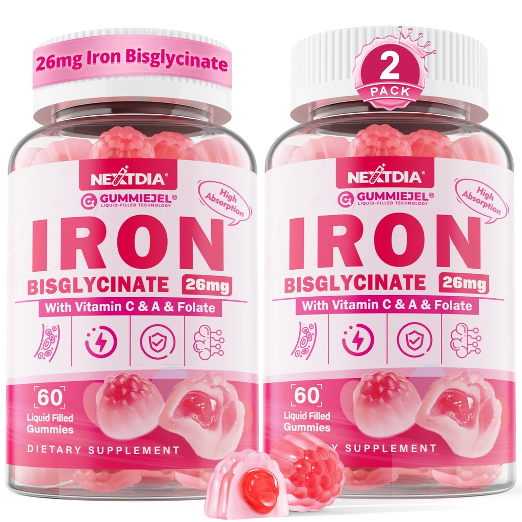 Vegane Eisen-Ergänzungsgummis für Damen und Herren - w/Vitamin C Folate B12 Zink für Erwachsene & Kinder, Schmiedeeisen für Iron Deficiency, Energy Boost, Non-Constipating & After Taste, Sugar-Free 2 Pack