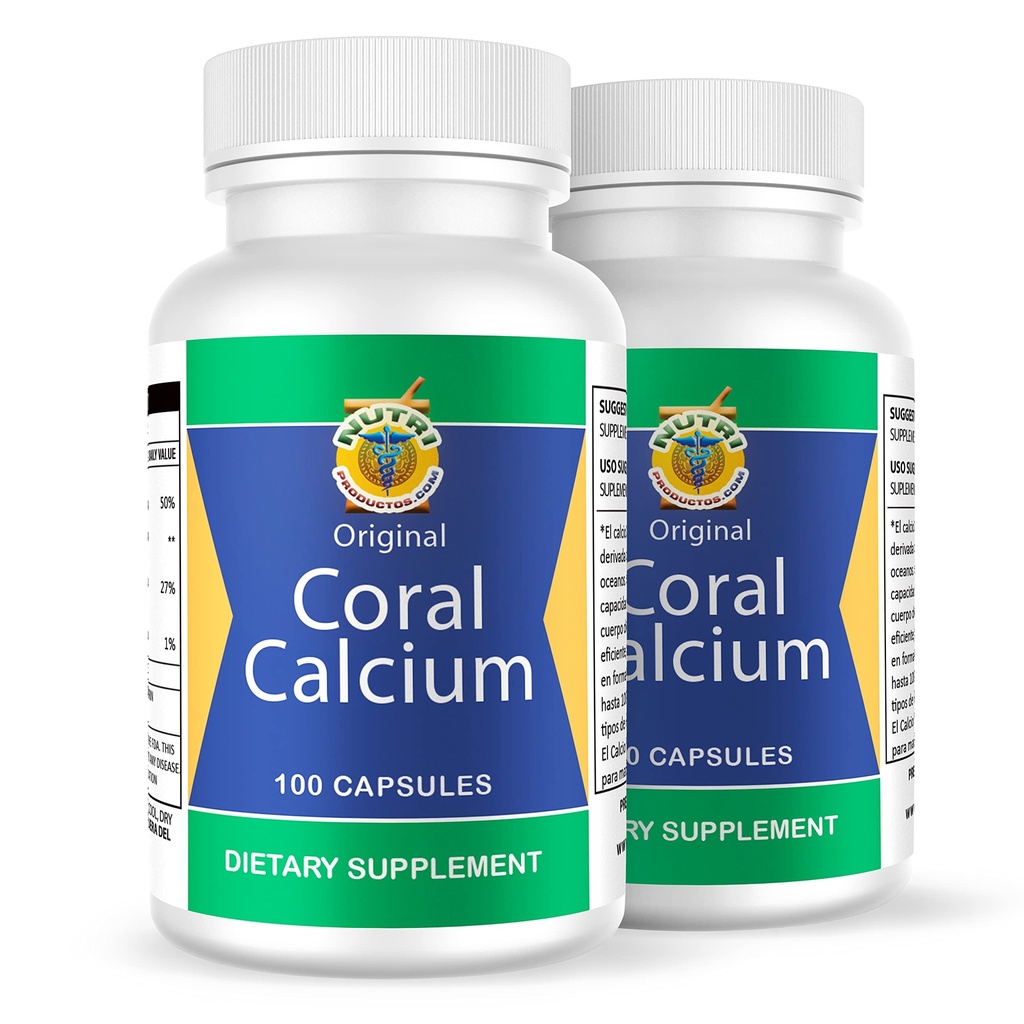 Calcio de Coral Set de 2 frascos con 100 capsulas CADA uno. Reforzado con Vitamine D y Magnesio. Combat : Cansancio, Dolor de huesos, insomnio, Calambres, Artritis. 100% naturel.