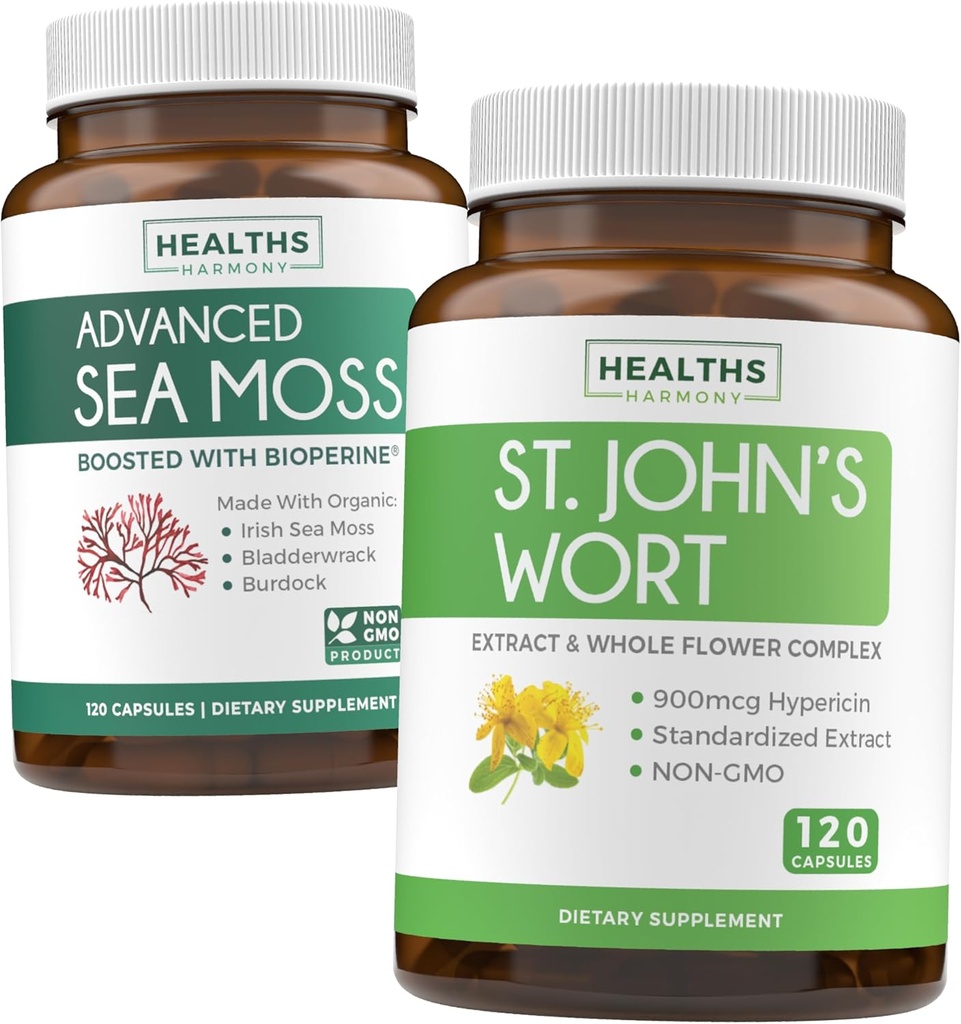 Sea Moss & St. John's Wort (2-Month Supply) Mood Moss Blend - Organic Irish Sea Moss - Raw Vegan Supplement (120 Caps) & St John's Wort with Powerful 900mcg Hypericin Vegan Non-GMO (120 Capsules)