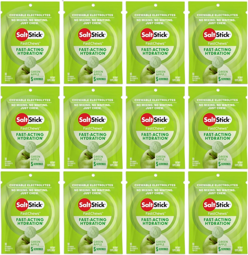 SaltStick Elektrolyt FastChews - 120 Count Green Apple Flavor - Elektrolyt Tabletten für Hydration, Salz Tabs - 10 Count (Pack von 12)