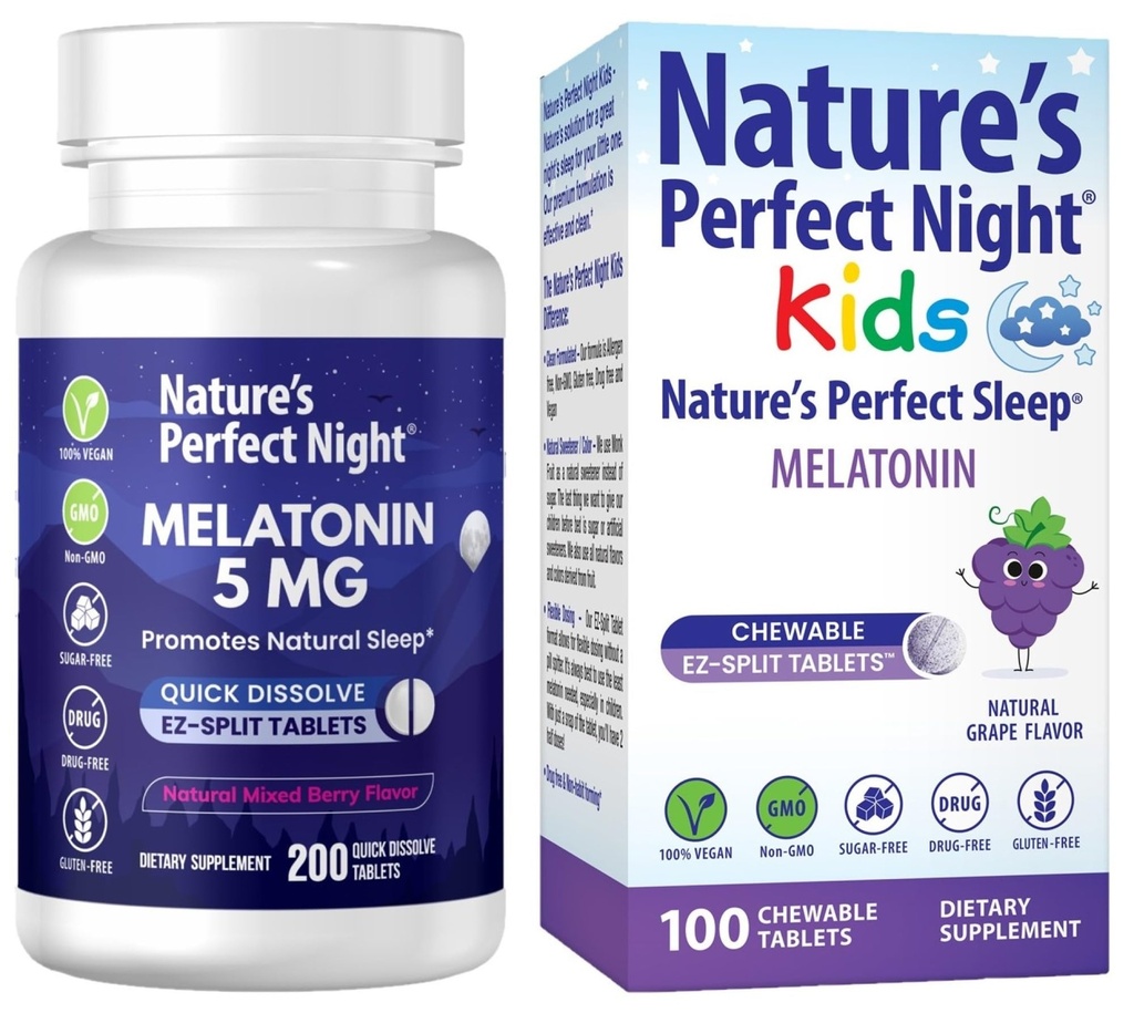 Nature's Perfect Night Bundle (en anglais seulement) Melatonin 5mg (en anglais seulement) Enfants Melatonin 1mg (en anglais seulement) 200 Nombre (en anglais seulement) 100 Nombre (en anglais seulement) Sans sucre (en anglais seulement) Sans gluten (en anglais seulement)