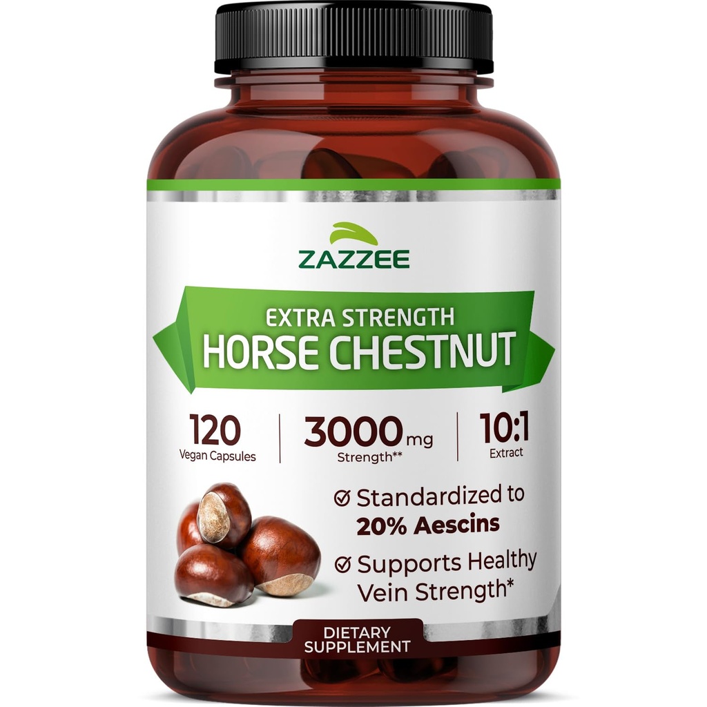 Zazzee Extra Strength Horse Chestnut 10:1 Extrait, 3000 mg Strength, 20% Escines, 4 mois d'approvisionnement, 120 capsules végétaliennes, concentré et normalisé 10X Extrait, tout naturel, non-OGM, fabriqué aux États-Unis
