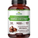 Zazzee Extra Strength Horse Chestnut 10:1 Extrait, 3000 mg Strength, 20% Escines, 4 mois d'approvisionnement, 120 capsules végétaliennes, concentré et normalisé 10X Extrait, tout naturel, non-OGM, fabriqué aux États-Unis