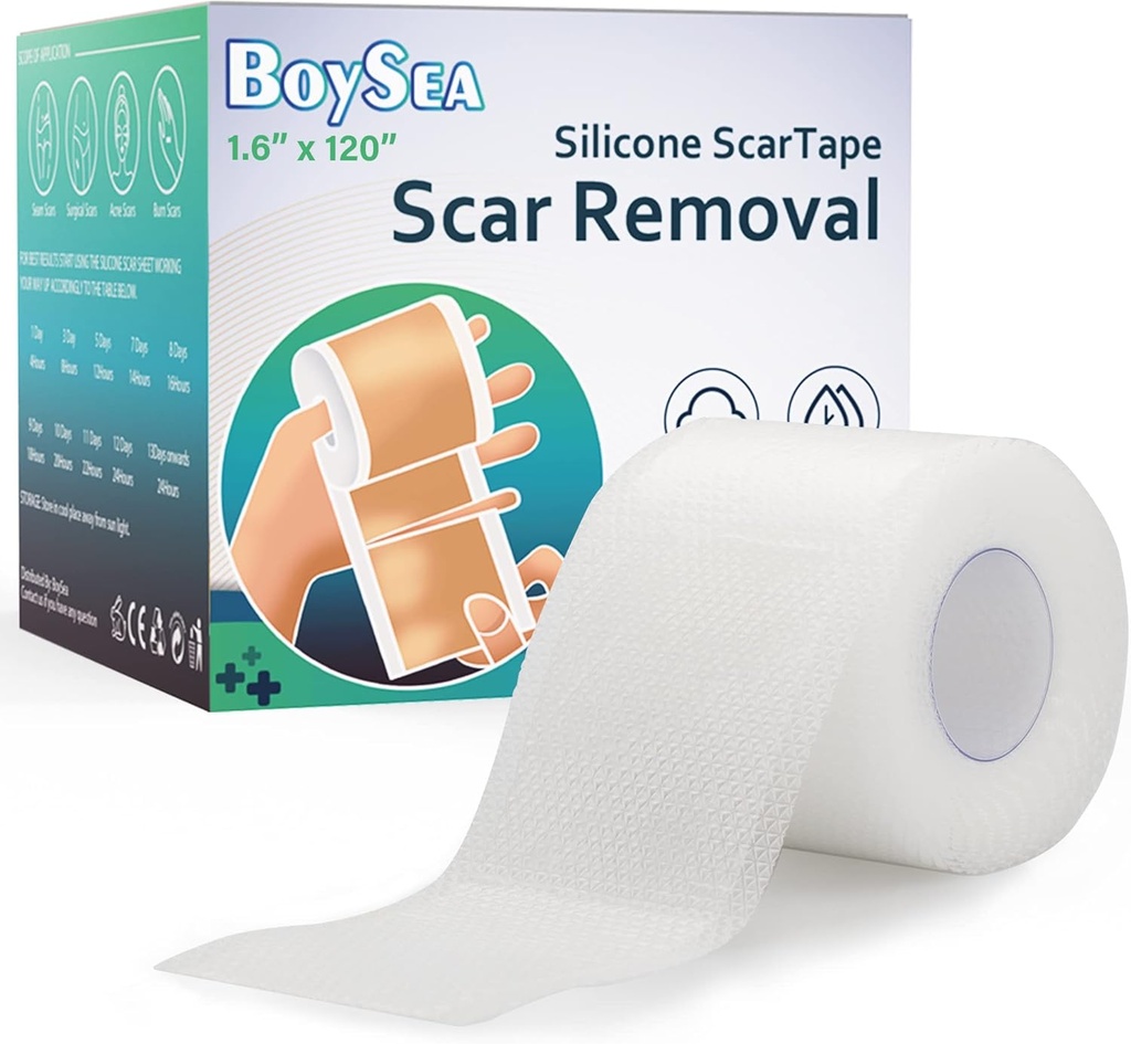 Boysea Silikon Narbenblätter (1.6" x 120") Klares Silikon Narbenband - Narbenentfernung Behandlung - wiederverwendbare Narbenstreifen für Keloid, C-Section, Burn, chirurgische Narben