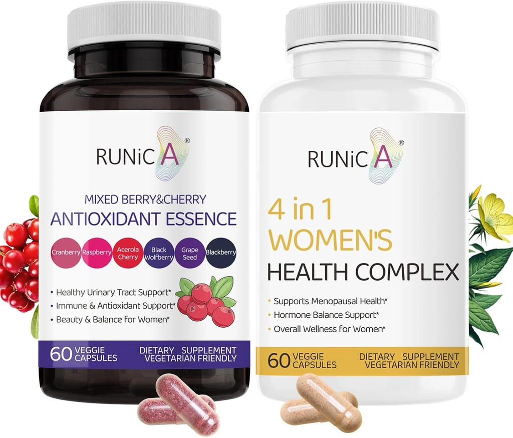 Supplément femme à la ménopause et supplément mixte aux cerises - Isoflavones de soja, canneberges et plus
