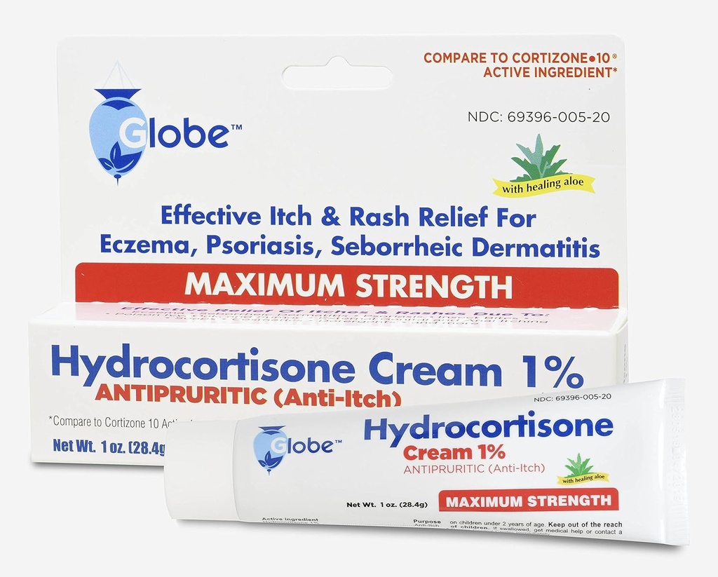 Globe Hydrocortisone Crème de résistance maximale 1% p/ Aloe, Crème anti-démangeaison pour rougeur, gonflement, démangeaisons, rash et dermatite, Bug/Mosquito Bites, Eczéma, Hémorroïdes et plus