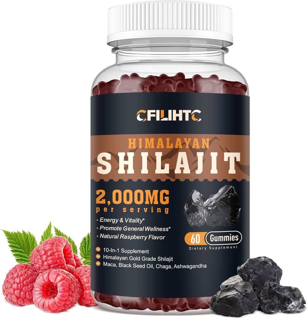 Shilajit Gummies 2000mg - Shilajit Pure Himalayan Organic für Herren & Frauen 85+ Trace Minerals Shilajit Resin mit Ashwagandha, Maca, Black Seed Oil - Energie, Gehirn, Immunität, Sugar Free Raspberry 60ct