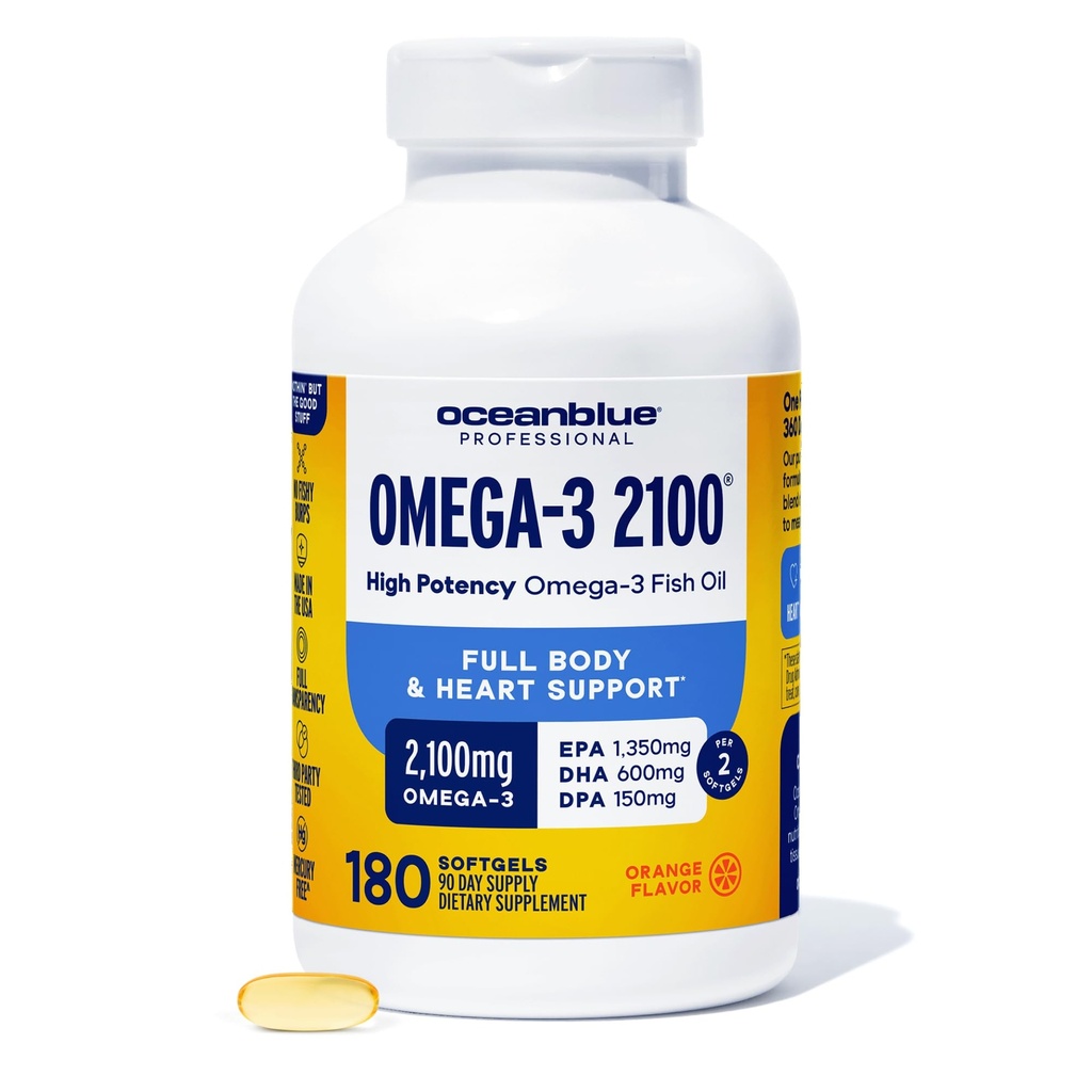 Oceanblue Professional Omega-3 2100 – 180 ct – Triple Strength Burpless Fish Oil Supplement mit High-Potency EPA, DHA, DPA – Wild-Caught – Orange Flavor (90 Servietten)