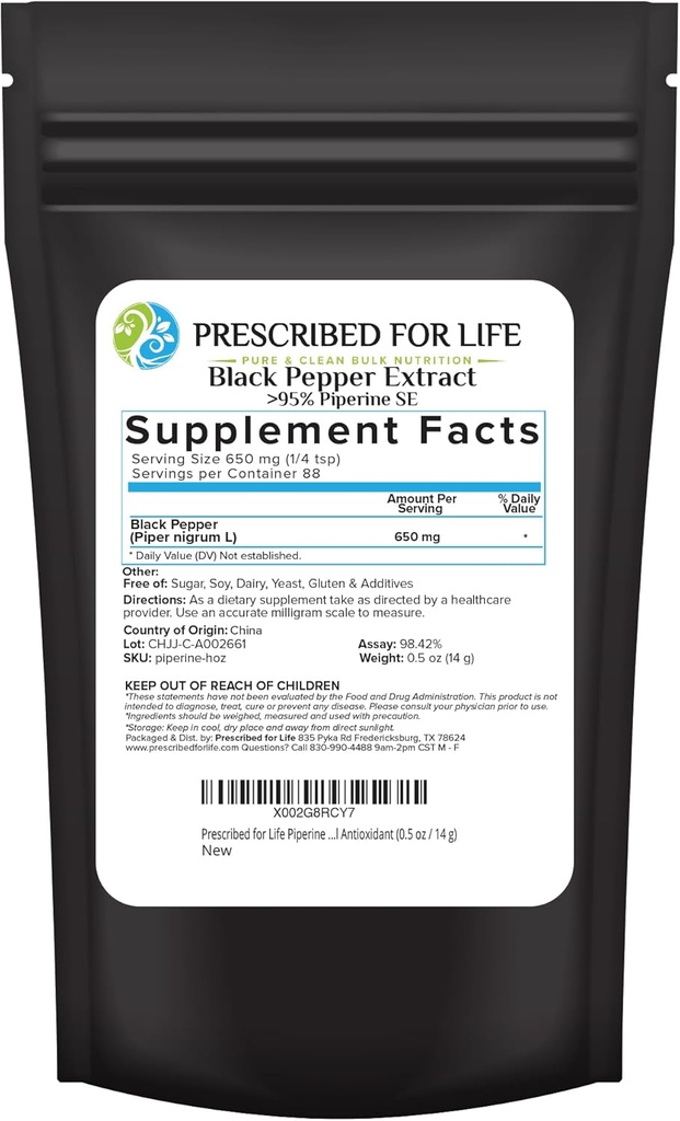 Verschrieben für Leben Piperin Pulver, 95% Schwarz Pfeffer Extrakt Pulver, steigert Nährstoffaufnahme, Glutenfrei, Vegan, Non GMO, natürliches Antioxidans (0,5oz / 14g)