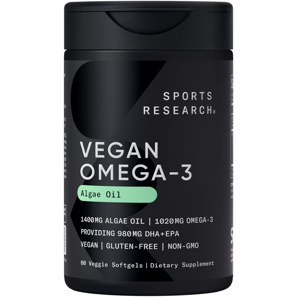 Sportforschung Vegane Omega-3-Fischöl-Alternative aus Algenöl - Höchste Mengen an veganen DHA- und EPA-Fettsäuren | Nicht-GVO-geprüft und vegan zertifiziert - 60 Veggie Softgels (Carrageenfrei)