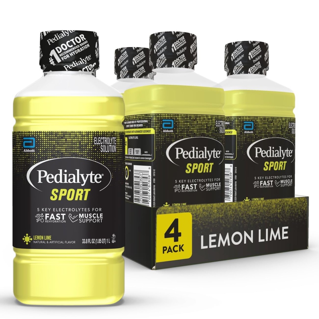 Pédialyte Sport Electrolyte boisson, hydratation rapide avec 5 électrolytes clés pour le soutien musculaire avant, pendant et après l'exercice, citron Lime, 1 Litre, paquet de 4