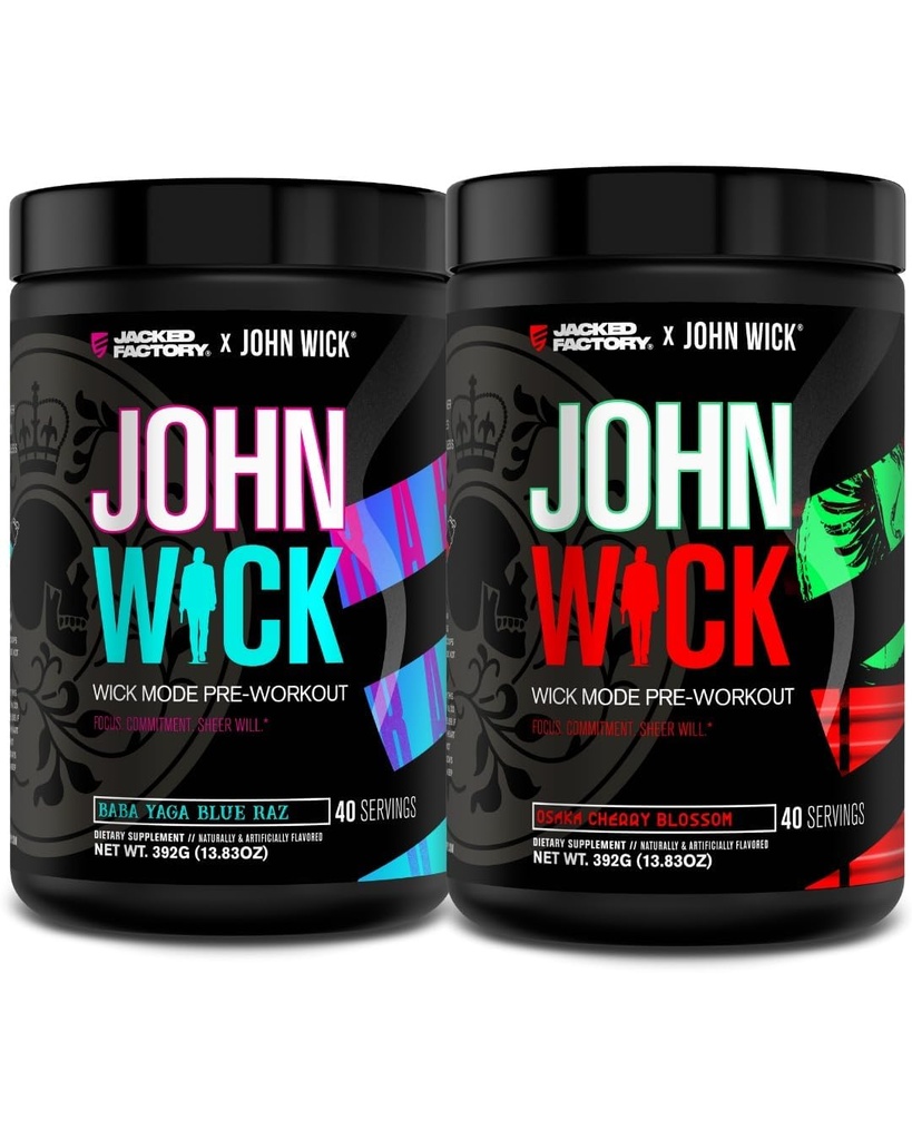 Jacked Factory X John Wick - Poudre de préentraînement en mode Wick - Énergie intense, mise au point de bataille, engagement inarrêtable et volonté pure - Baba Yaga Blue Raz & Osaka Cherry Blossom (80 portions)