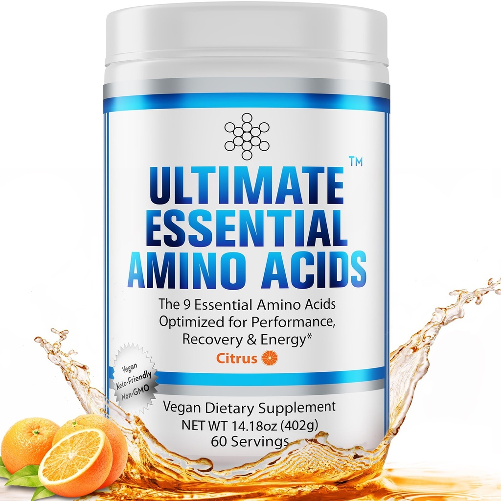 Ultimate 100% Essential Amino Acids Powder [Citrus Flavor, 60 (5g) Servierungen] BCAA Plus L-Lysin, L-Threonin, L-Phenylalanin, L-Methionin, L-Histidin & L-Tryptophan Nahrungsergänzungsmittel