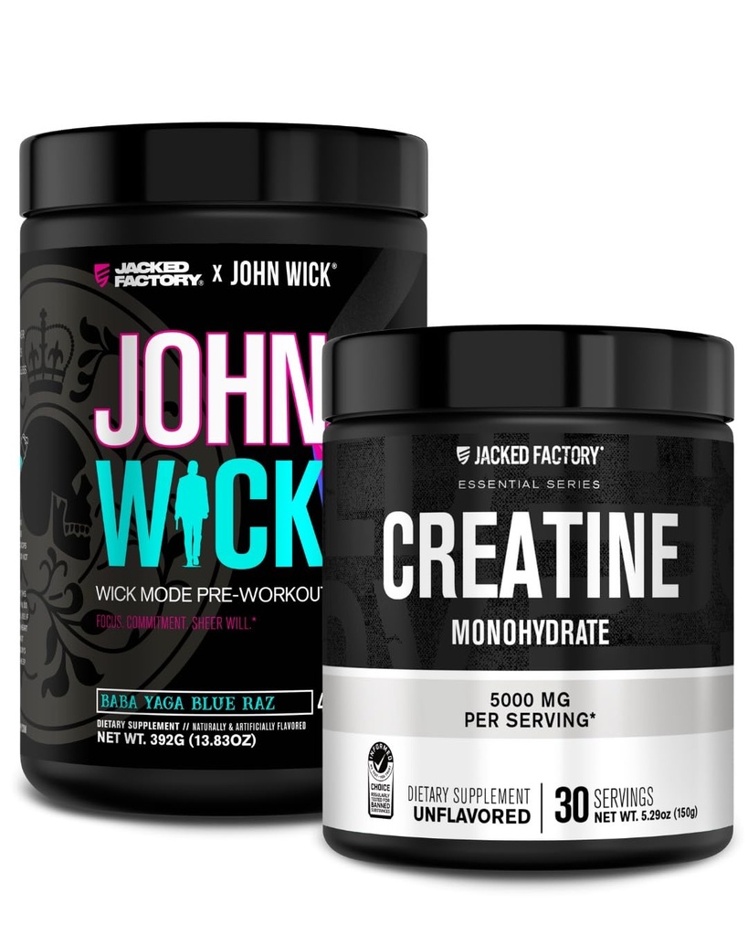 Usine Jacked X John Wick - Poudre pré-entraînement en mode Wick (Baba Yaga Blue Raz, 40 portions) et poudre monohydratée en créatine (non aromatisée, 30 portions)
