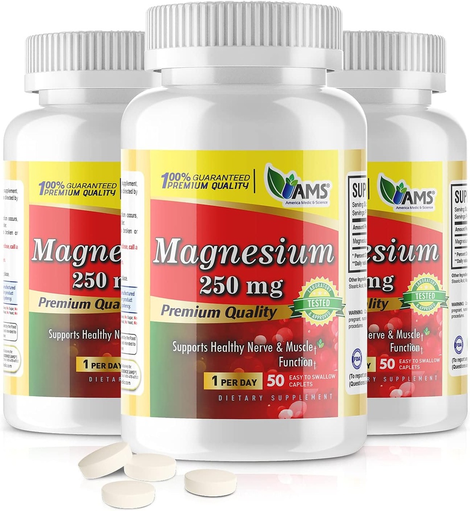Amerika Medic & Science Magnesium 250 mg (150 Caplets) | Packung mit 3 Flaschen | Magnesiumoxid-Ergänzung für Männer und Frauen | Unterstützt gesunde Nerven- und Muskelfunktionen | Boosts Übung Leistung