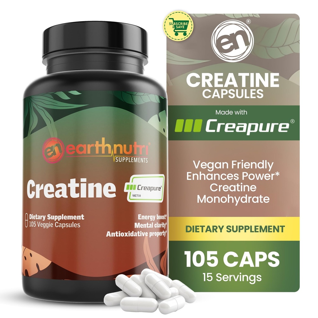 EarthNutri Creatine Monohydrat Kapseln - Mikronisiert für bessere Absorption - Unterstützt Muskelkraft, Stärke & Erholung - 105 Kapseln (5000mg pro Portion, 7 Kapseln)