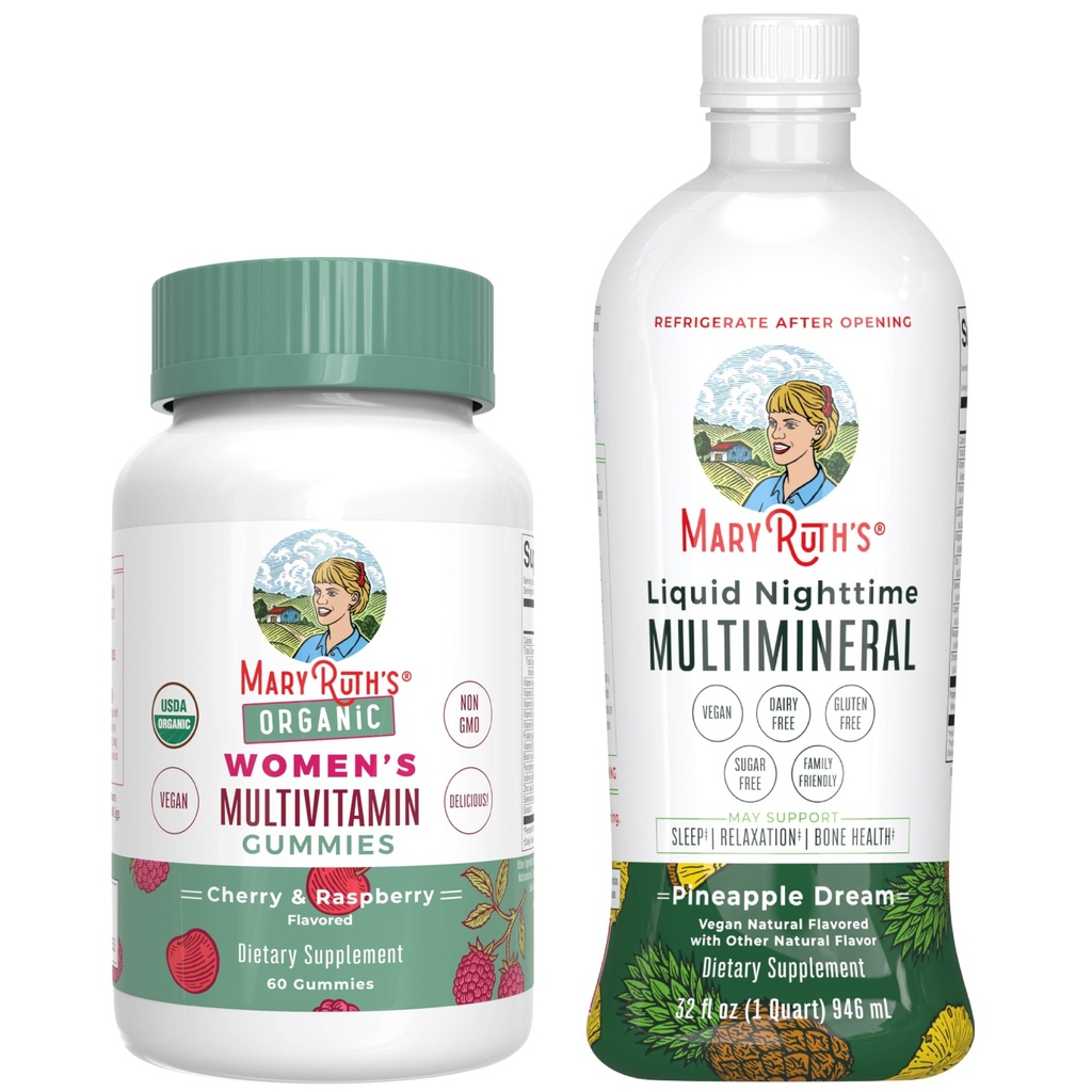 MaryRuth's Multivitamin Gummie für Frauen (Cherry & Raspberry) & Liquid Nighttime Multimineral (Pineapple) | Clean Label Project Verified® | Vegan | Beauty, Bedtime Routine, & Gesamtgesundheit