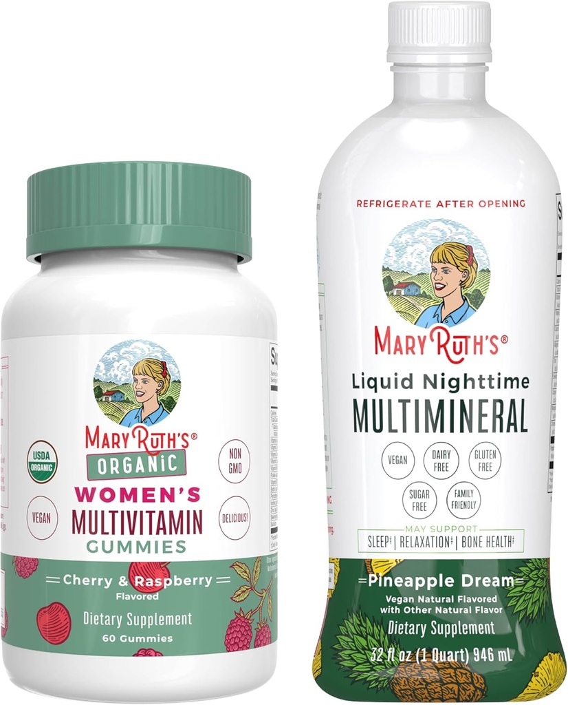 MaryRuth's Multivitamin Gummies for Women (Cherry & Raspberry) & Liquid Nighttime Multimineral (Pineapple) | Clean Label Project Verified® | Vegan | Beauty, Bedtime Routine, & Overall Health
