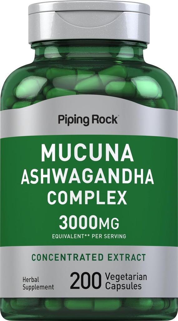 Piping Rock Mucuna Ashwagandha 3000mg | 200 Kapseln | Complex Extract Supplement für Damen und Herren | Vegetarisch, Non-GMO, Glutenfrei