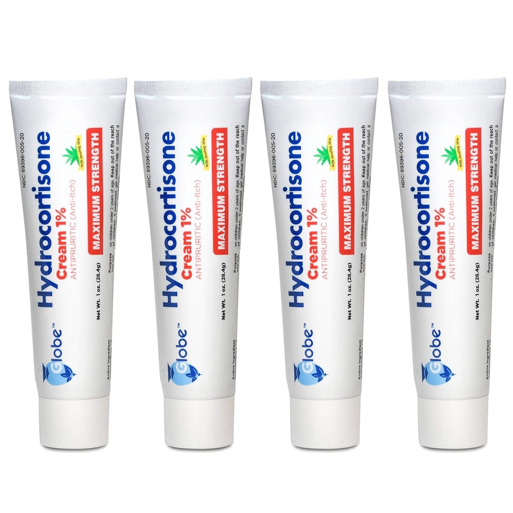 Globe (4 Pack) Hydrocortison Maximale Stärke Anti-Itch Creme 1% w/Aloe, Intensive Formel für Redness, Rash, Bug & Mosquito Bites, Eczema, Hämorrhoiden, Sensitive Haut, Instant Itch Relief,1 Unze Tube
