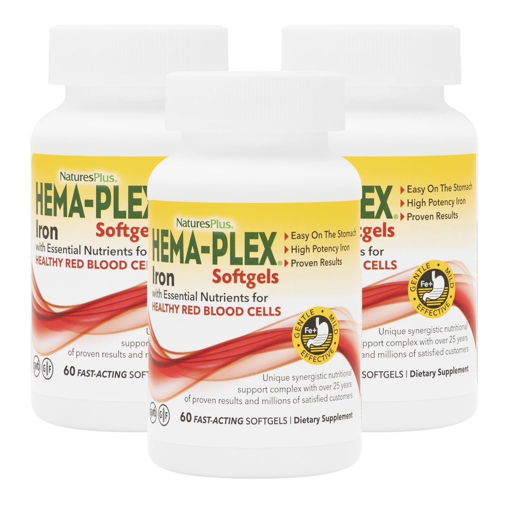 NaturesPlus Hema-Plex Iron - 60 Fast-Acting Softgels - 3 Pack - 85 mg Eisen + Vitamin C & Bioflavonoide für gesunde rote Blutzellen - Glutenfrei - 60 Gesamt Servierungen