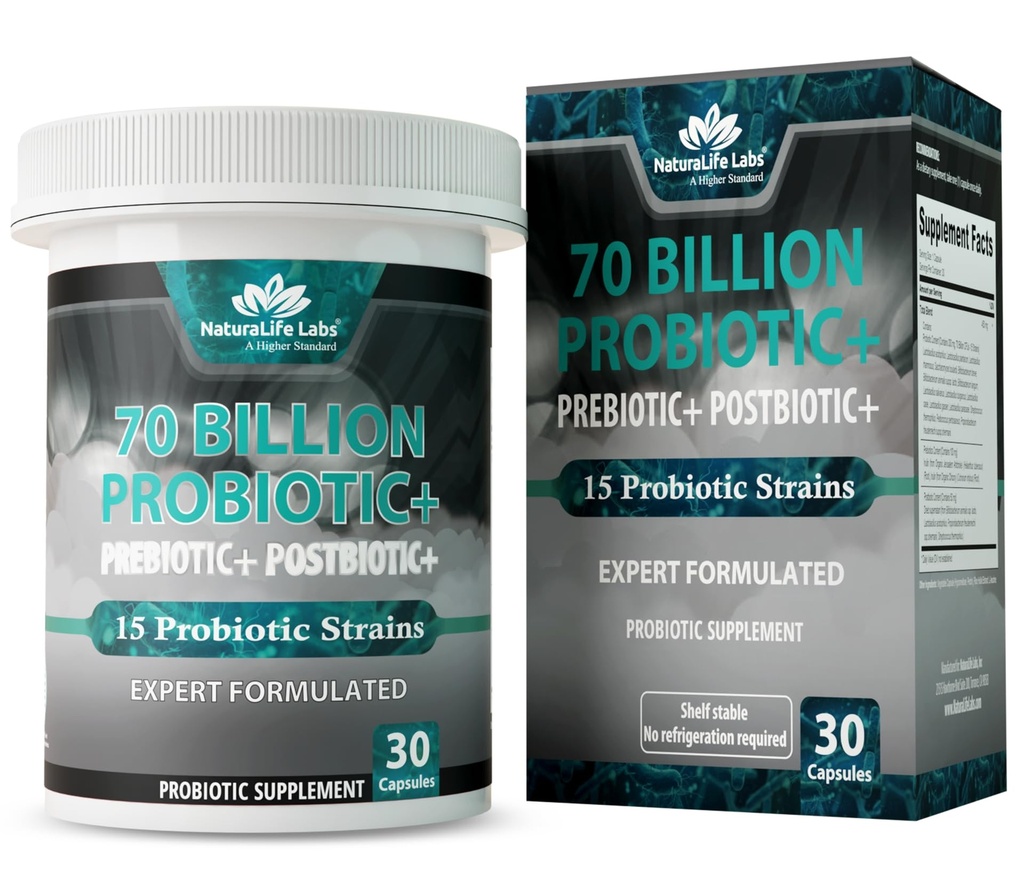 NaturaLife Labs Probiotika 70 Milliarden KBE - 15 Stämme mit Bio-Präbiotika & Postbiotika - 3-in-1-Formel - 30 vegane Kapseln